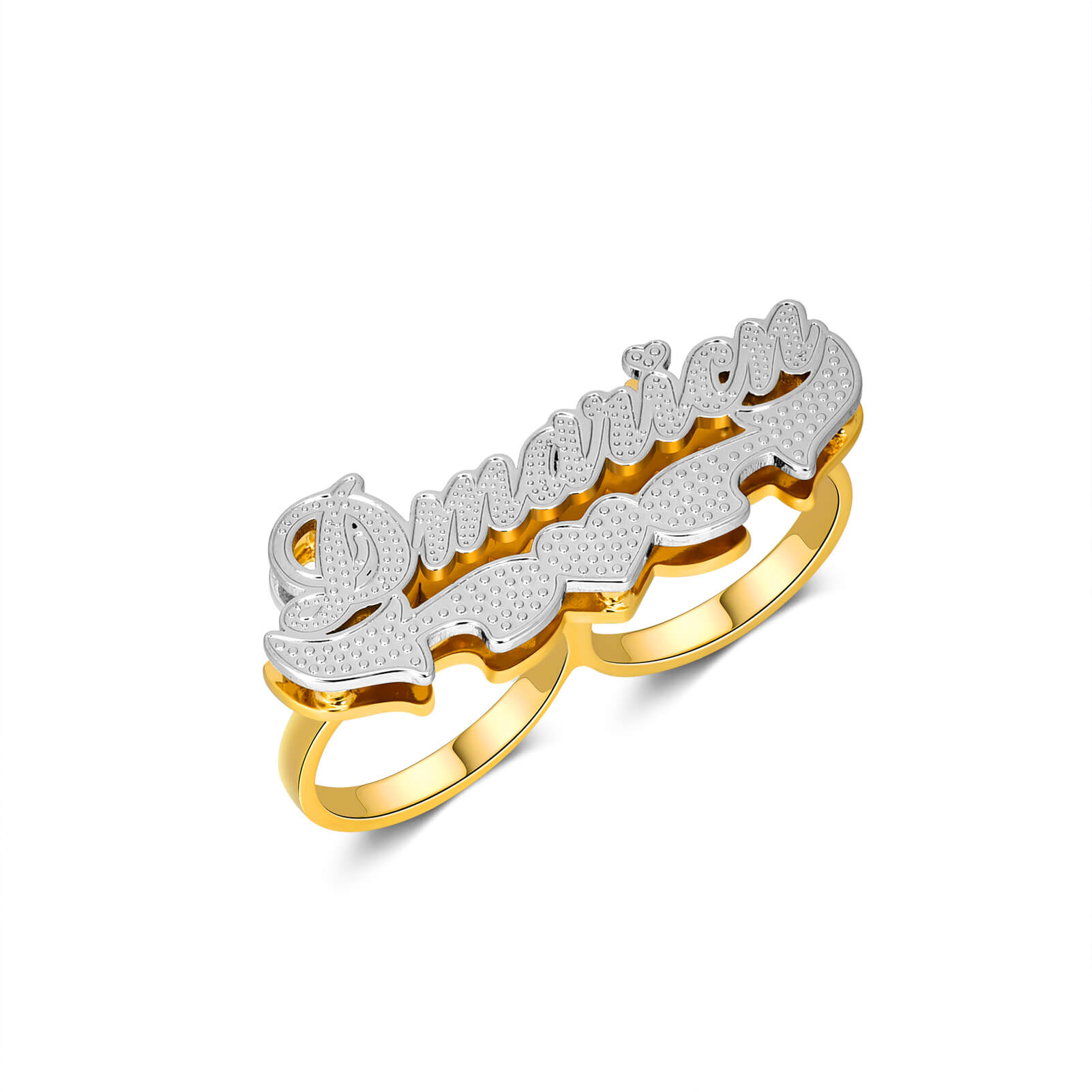 Double Layer Two Tone Double Finger with Heart Gold Plated Personalized Custom Name Ring-silviax