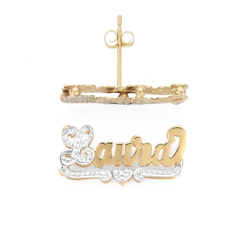 Double Layer Two Tone with Heart Personalized Custom Gold Plated Name Stud Earrings-silviax