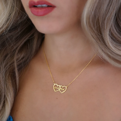 Double Heart Nameplate Pendant Personalized Custom Gold Plated Name Necklace Couple Gifts-silviax