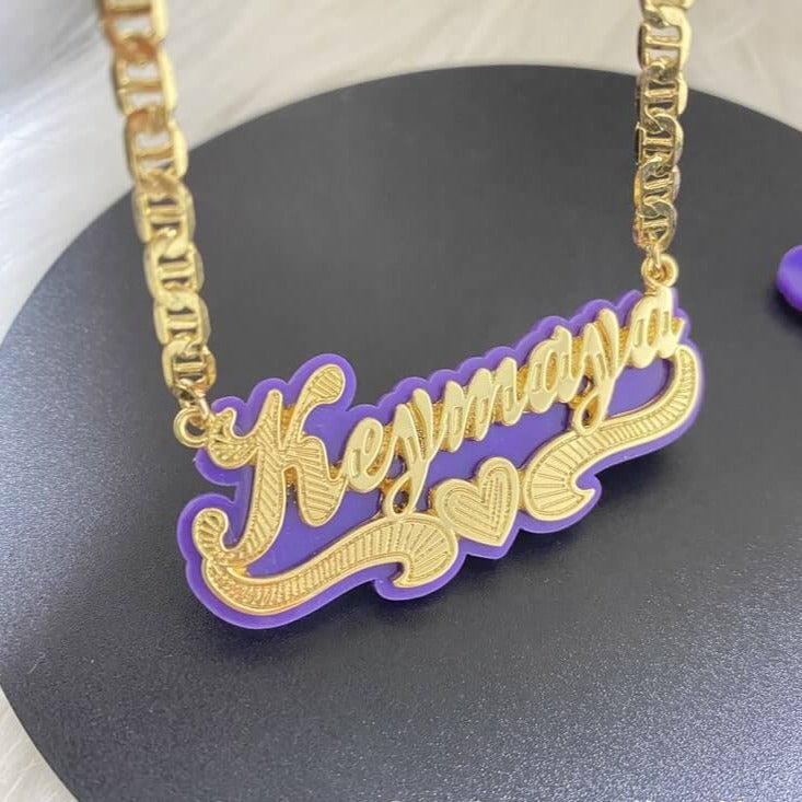 Purple Acrylic with Heart Double Layer Personalized Custom Gold Plated Name Necklace And Name Stud Earring Set-silviax