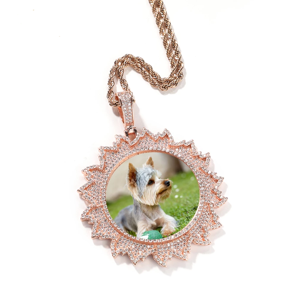 Burning Sun Custom Photo Memory Circular Pendant Necklace Gold Plated-silviax