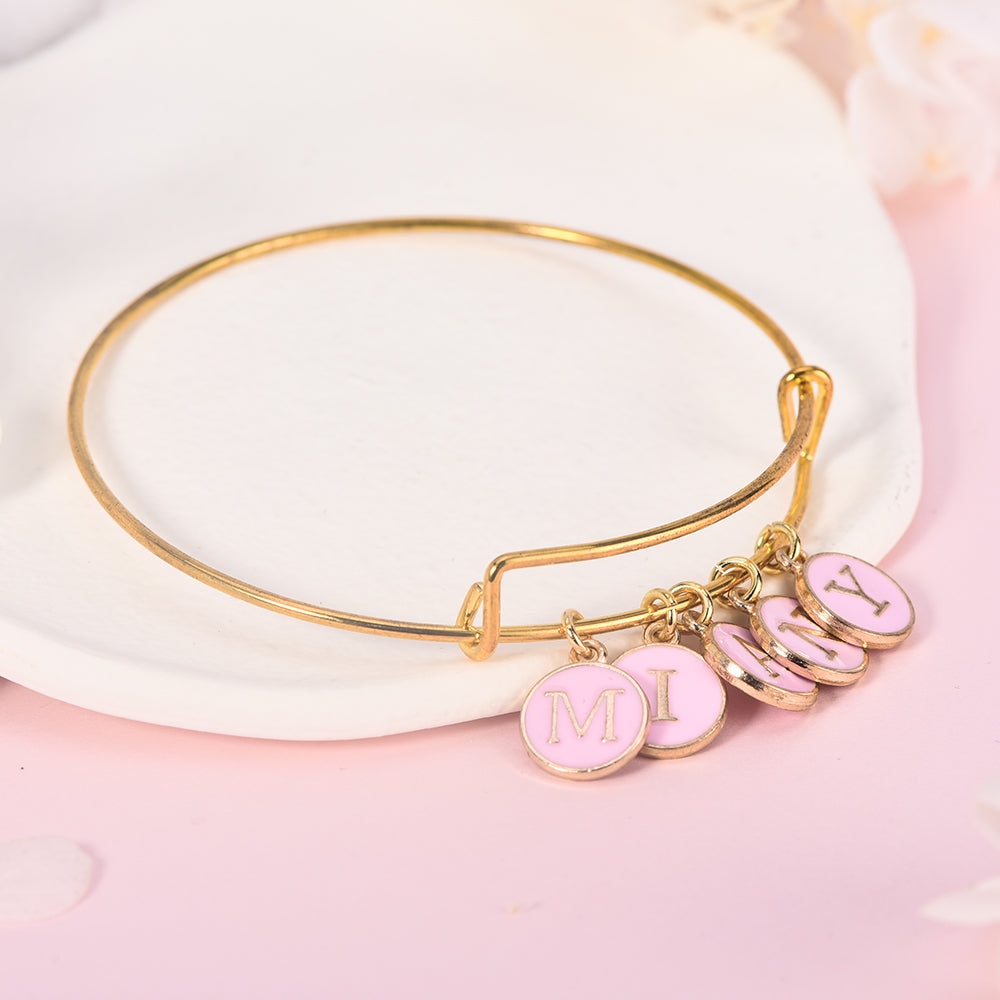 Personalized Pink Enamel Letter Name Charm Bangle Bracelet-silviax