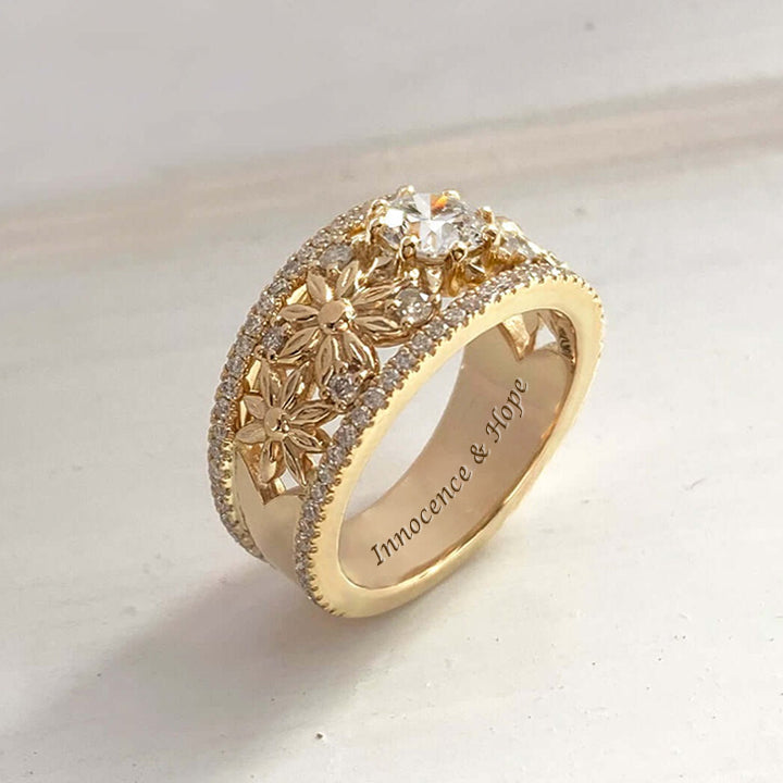 Flower Motif And Inlaid Zircon Personalized Custom Gold Plated Engraved Ring-silviax