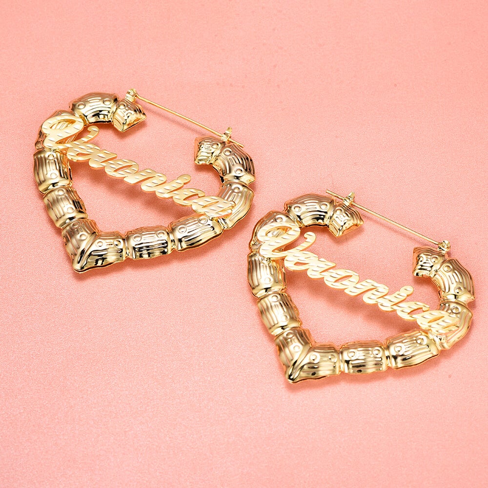 Heart Bamboo Gold Plated Personalized Custom Name Bamboo Earrings-silviax