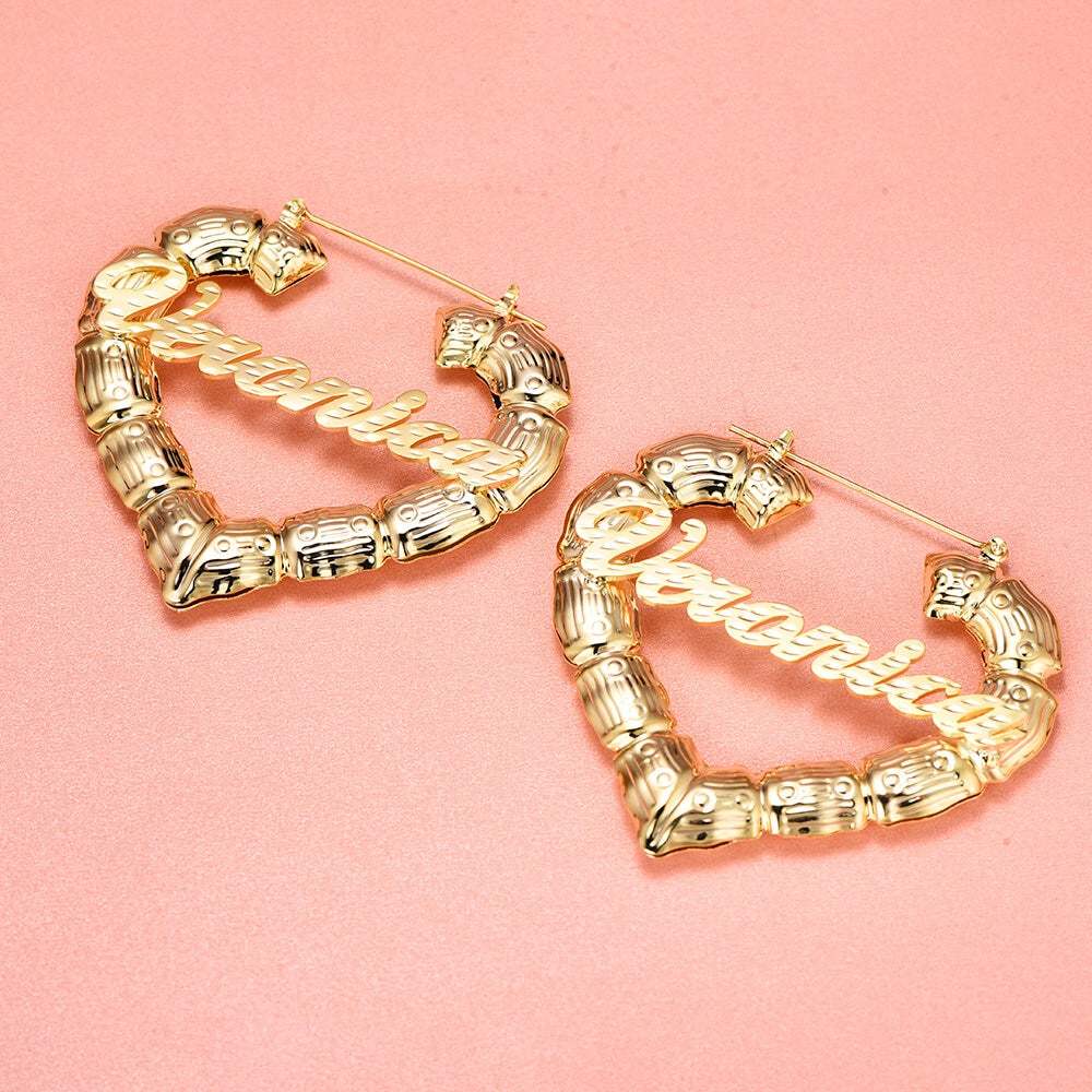 Heart Bamboo Gold Plated Personalized Custom Name Bamboo Earrings-silviax