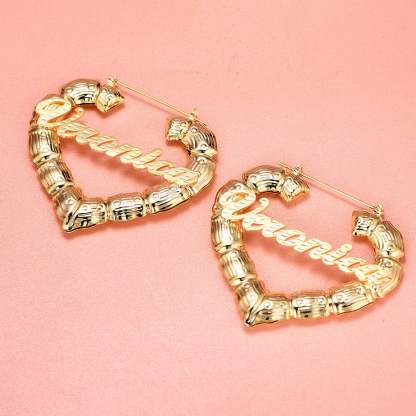 Heart Bamboo Gold Plated Personalized Custom Name Bamboo Earrings-silviax