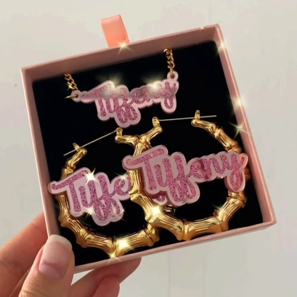 Pink Color Acrylic Name Jewelry Set Personalized Custom Name Necklace Bamboo Name Earrings Set Kids Gift