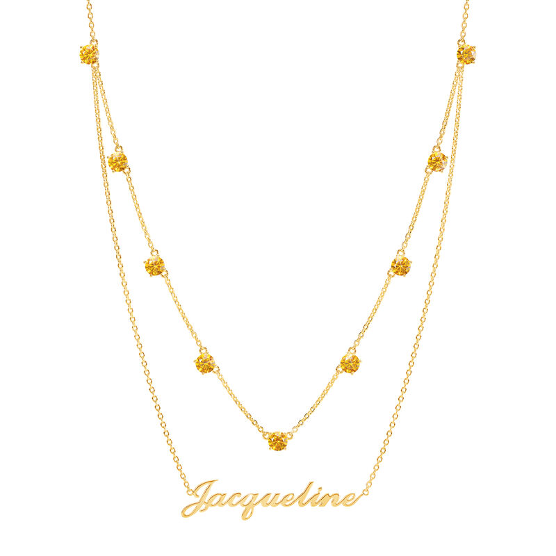 Double Layer Chain Personalized Custom Gold Plated Nameplate Necklace with Birthstone Crystals