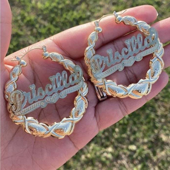 XOXO Bamboo Earrings with Heart Personalized Custom Gold Plated Name Earrings-silviax