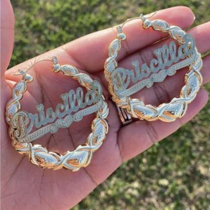 XOXO Bamboo Earrings with Heart Personalized Custom Gold Plated Name Earrings-silviax