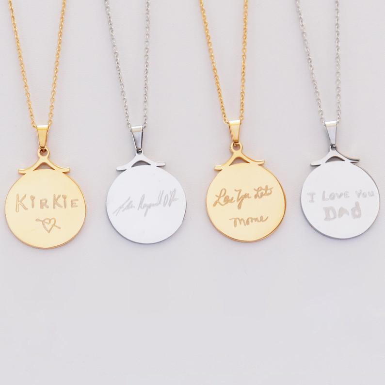 Round pendant Engraving Gold Plated Personalized Handwriting Necklace-silviax