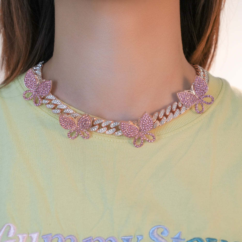 Hip Hop Cubic Zirconia Butterfly Choker Cuban Chain Necklace-silviax