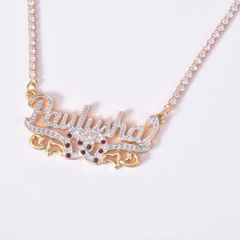 Double Layer Two Heart with Birthstone Personalized Custom Name Necklace Tennis Chain-silviax
