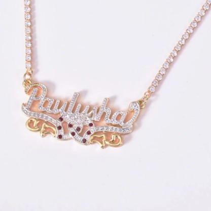 Double Layer Two Heart with  Birthstone Personalized Custom Name Necklace Tennis Chain-silviax