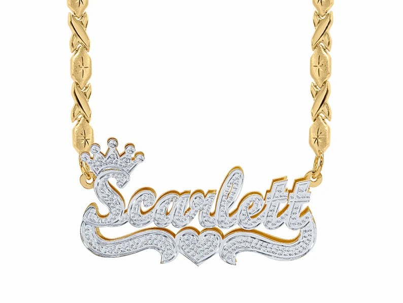 Double Layer Two Tone XOXO Chain with Crown And Heart Personalized Custom Gold Plated Name Necklace