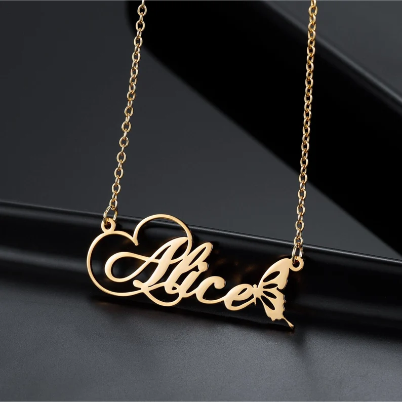 Gold Plated Nameplate with Butterfly Personalized Custom Name Necklace