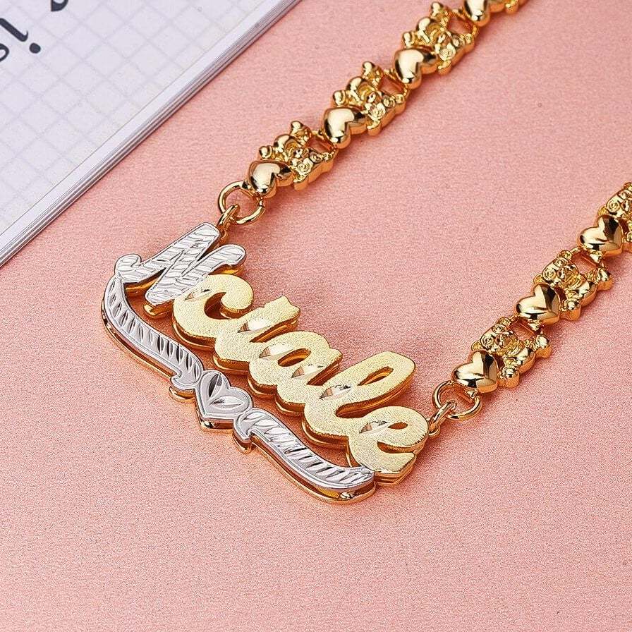 Double Layer Two Tone with Teddy Bear XOXO Chain Heart Personalized Custom Gold Plated Name Necklace-silviax