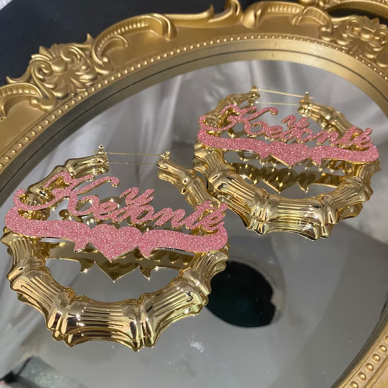 Pink Color Nameplate with Heart Personalized Custom Bling Bamboo Name Earrings Mother Gift-silviax