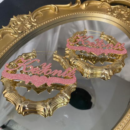 Pink Color Nameplate with Heart Personalized Custom Bling Bamboo Name Earrings Mother Gift-silviax