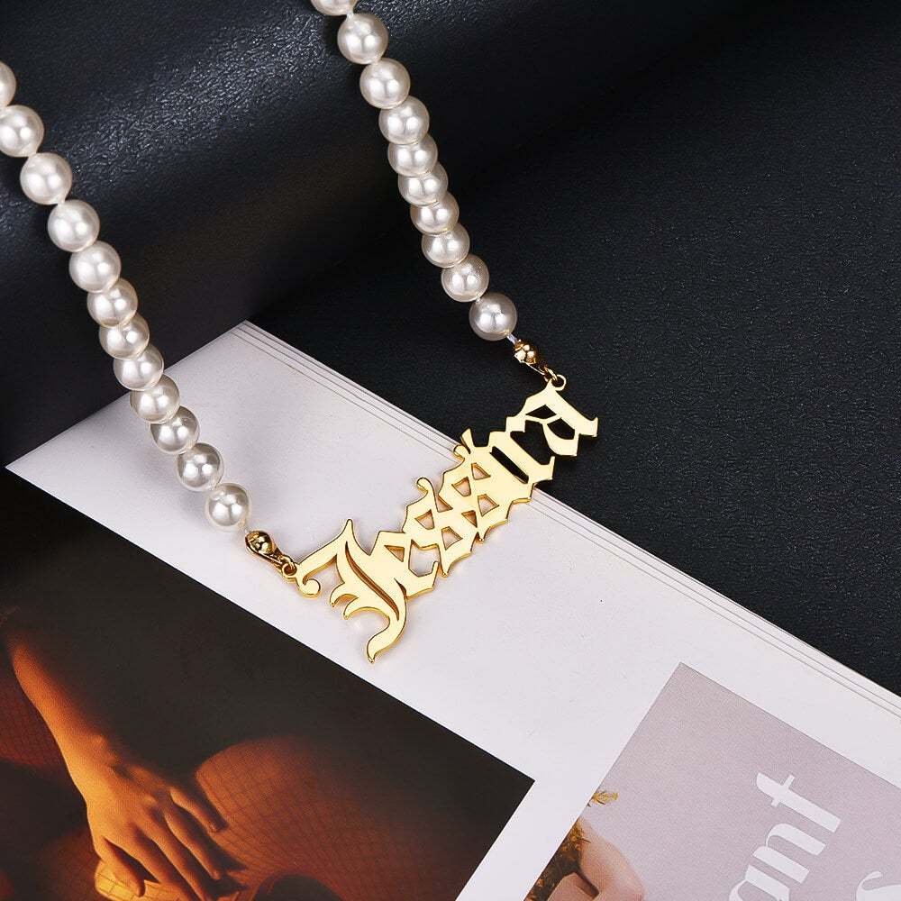 Old English Font with Pearl Chain Personalized Custom Gold Plated Name Necklace-silviax
