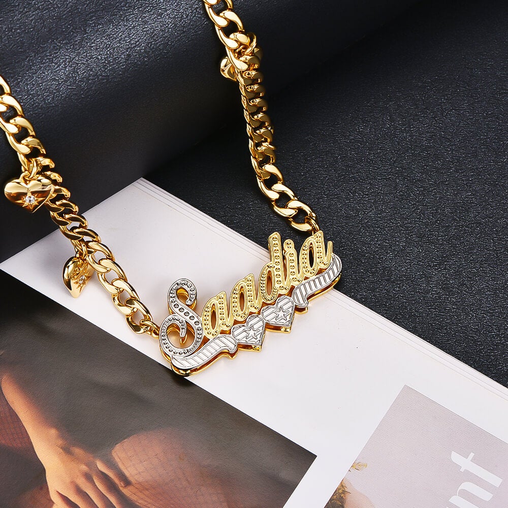 Double Layer Two Tone Two Hearts Cuban Chain With Heart Personalized Custom Gold Plated Name Necklace-silviax