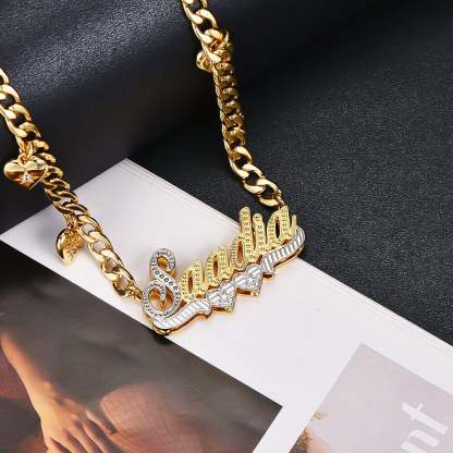 Double Layer Two Tone Two Hearts Cuban Chain With Heart Personalized Custom Gold Plated Name Necklace-silviax
