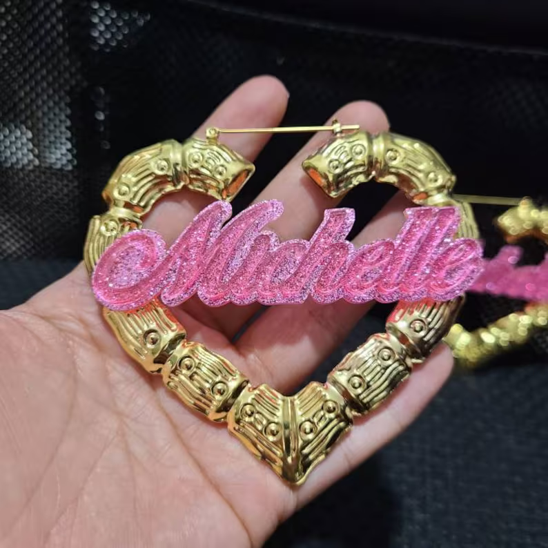 Heart Shaped Pink Color Acrylic Nameplate Personalized Custom Bling Bling Bamboo Name Earrings