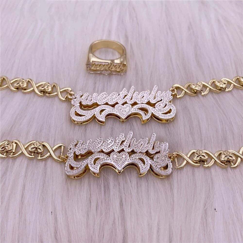 Double Layer Two Tone Nameplate with XOXO Chain Personalized Name Necklace Bracelet and Ring Set