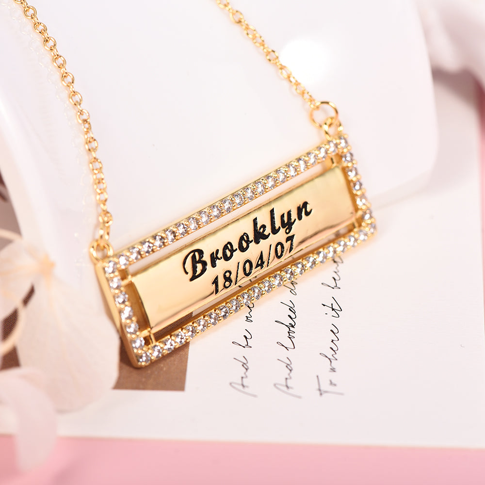 Name and Date Personalized Custom Horizontal CZ Bar Necklace-silviax