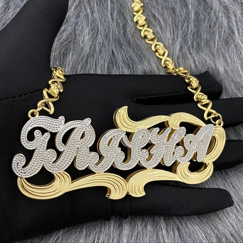 Double Layer Two Tone Nameplate Pendant Personalized Custom Name Necklace Gold Plated Xoxo Chain Jewelry-silviax
