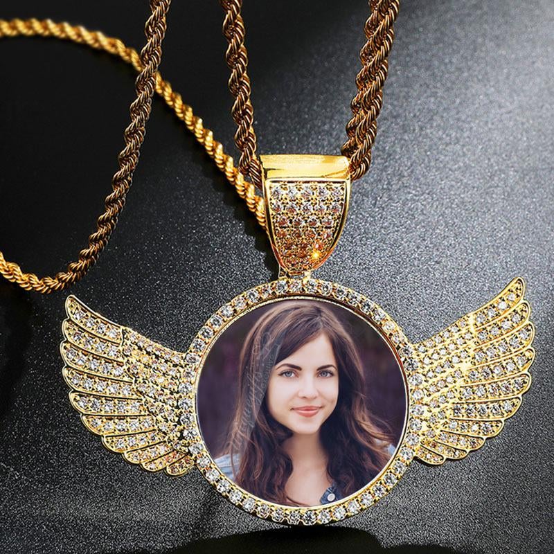 Angel Wings Round Pendant Customized Gold Plated Photo Necklace-silviax
