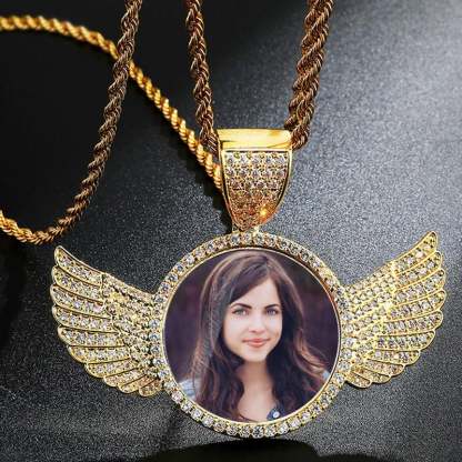 Angel Wings Round Pendant Customized Gold Plated Photo Necklace-silviax