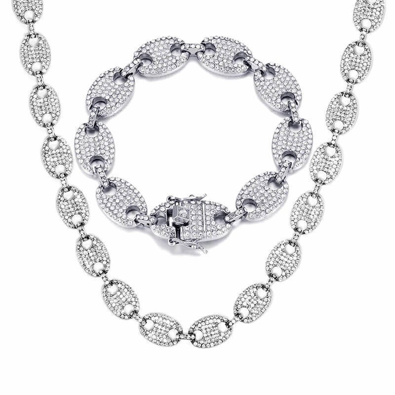 13mm Pig Nose Link Chain Gold Plated Necklace and Bracelet Set-silviax