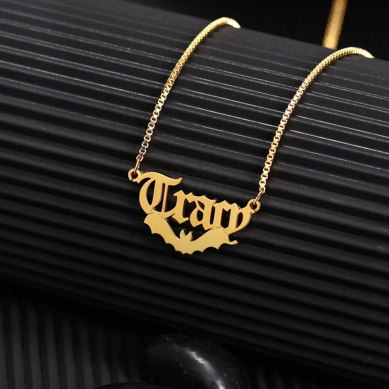 Halloween Personalized Custom Gold Plated Bat Name Necklace