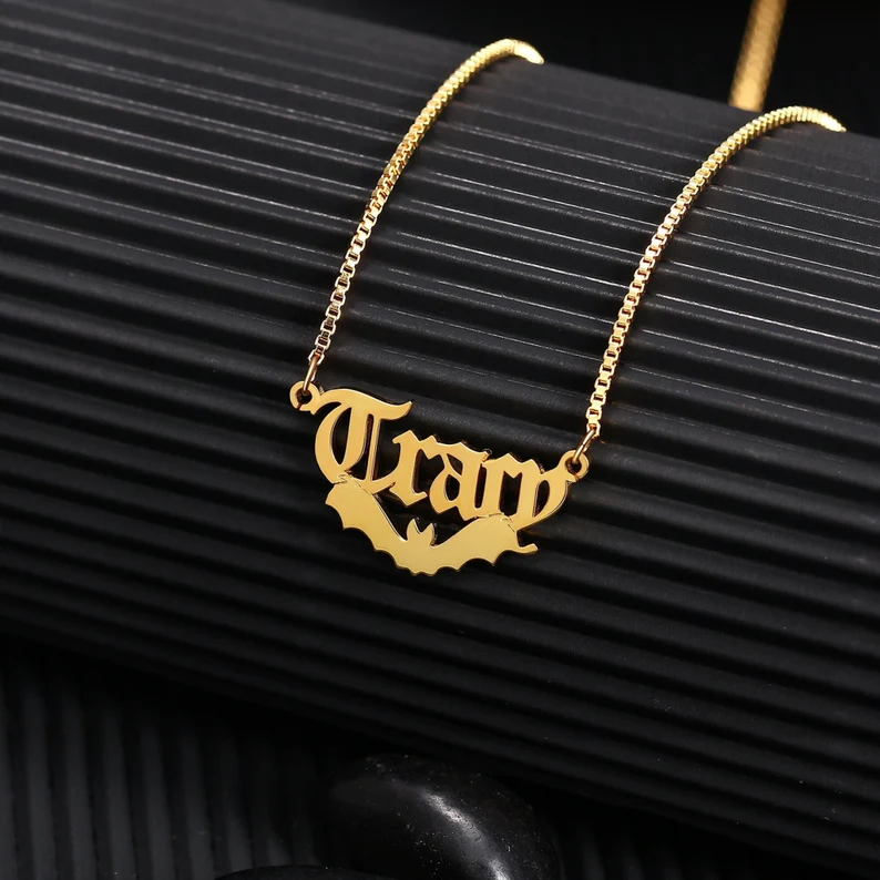 Halloween Personalized Custom Gold Plated Bat Name Necklace-silviax