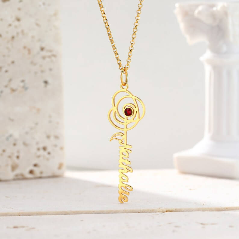Flower Vertical Pendant With Birthstone Personalized Custom Name Necklace Mother Gift-silviax