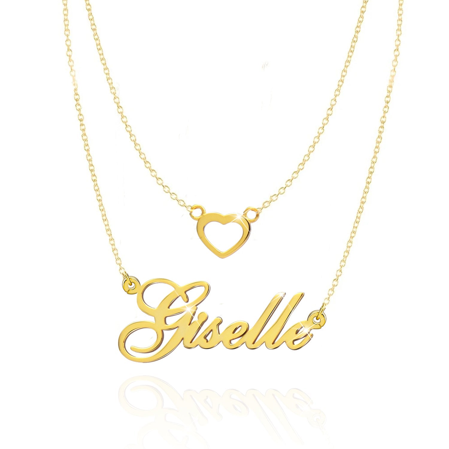 Gold Plated Personalized Double Chain Heart Name Necklace-silviax