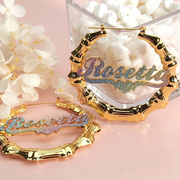 Colorful Nameplate with Heart Personalized Bamboo Name Hoop Earrings-silviax