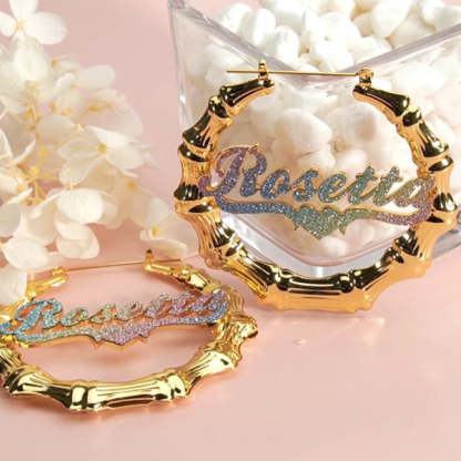 Colorful Nameplate with Heart Personalized Bamboo Name Hoop Earrings-silviax