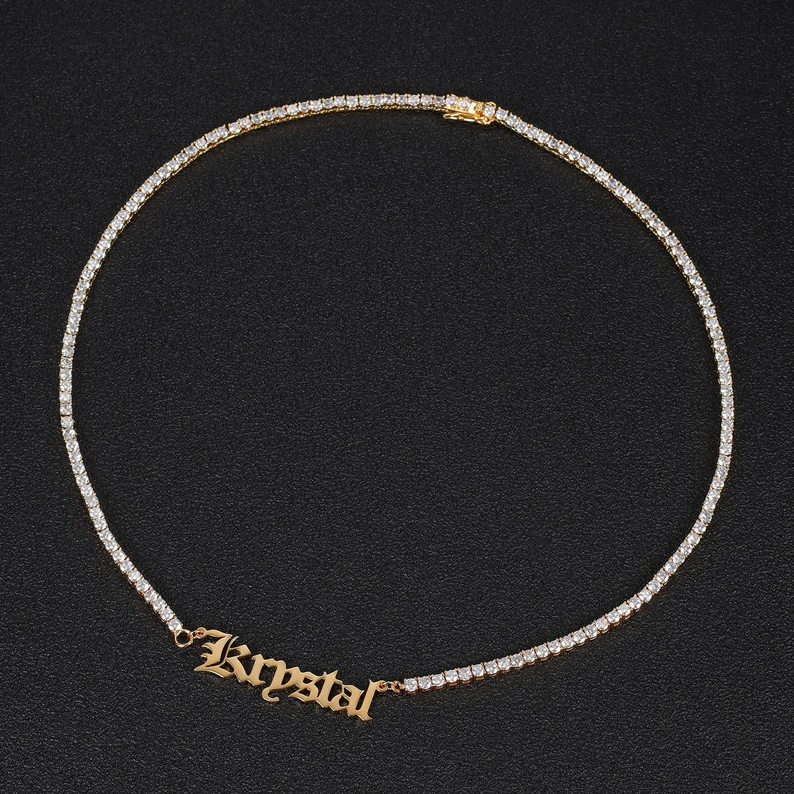 Tennis Chain Old English Font Gold Plated Personalized Custom Name Necklace-silviax