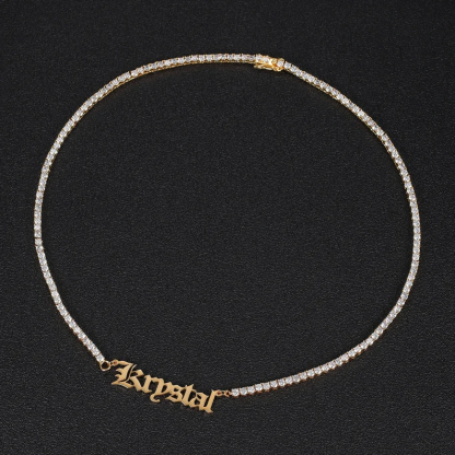 Tennis Chain Old English Font Gold Plated Personalized Custom Name Necklace-silviax
