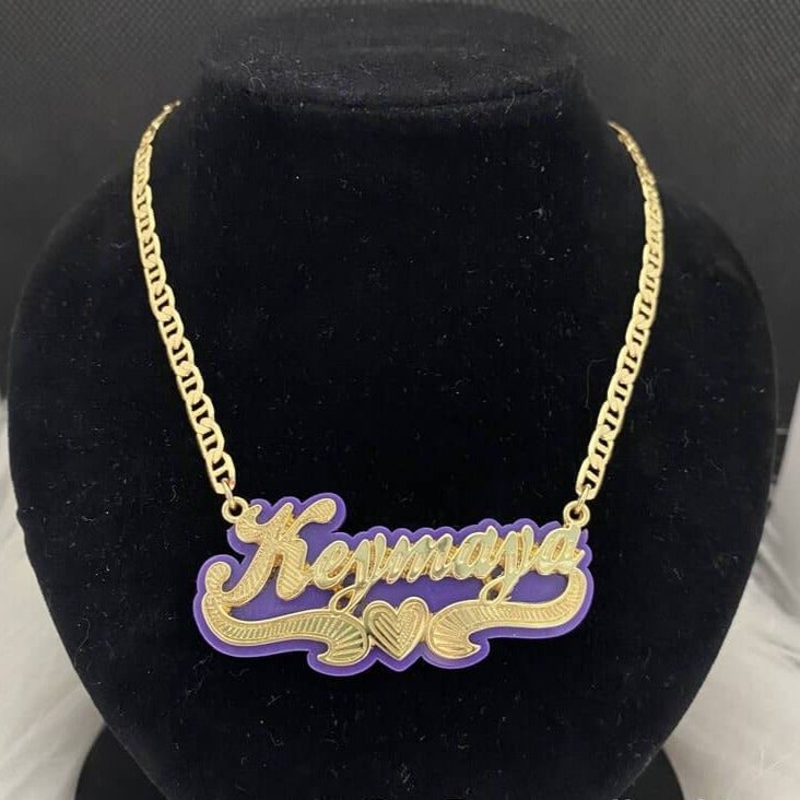 Purple Acrylic with Heart Double Layer Personalized Custom Gold Plated Name Necklace-silviax