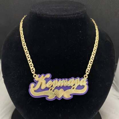 Purple Acrylic with Heart Double Layer Personalized Custom Gold Plated Name Necklace-silviax