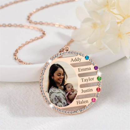 2 To 5 Names With Birthstone And Photo Round Pendant Personalized Custom Gold Plated Family Necklace