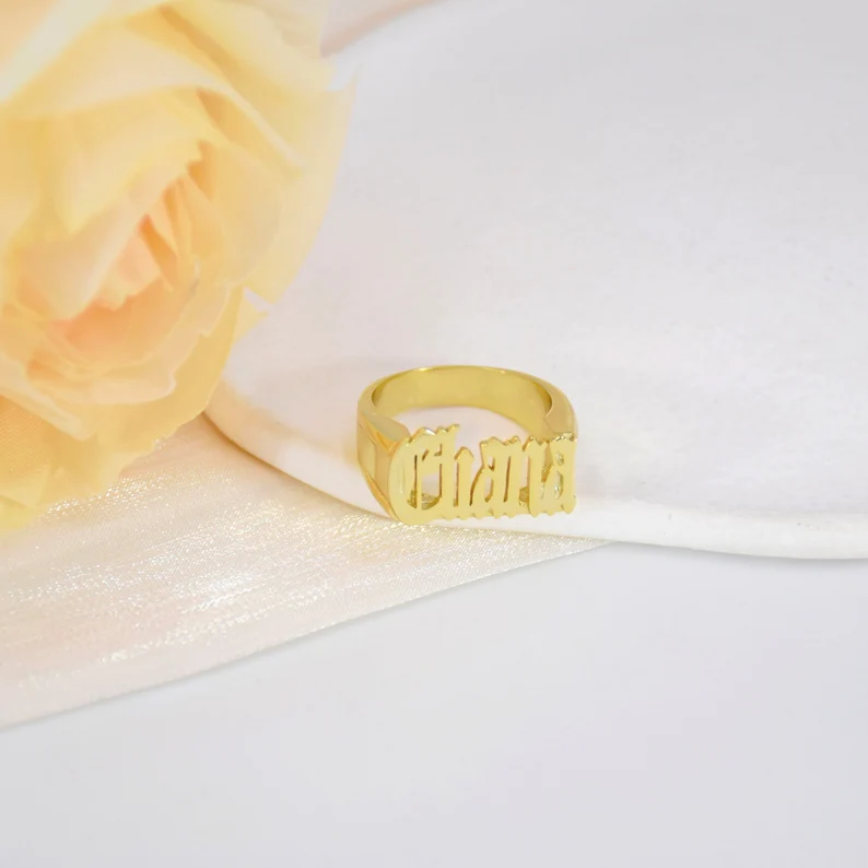 Custom Gold Plated Gothic Old English Name Ring-silviax