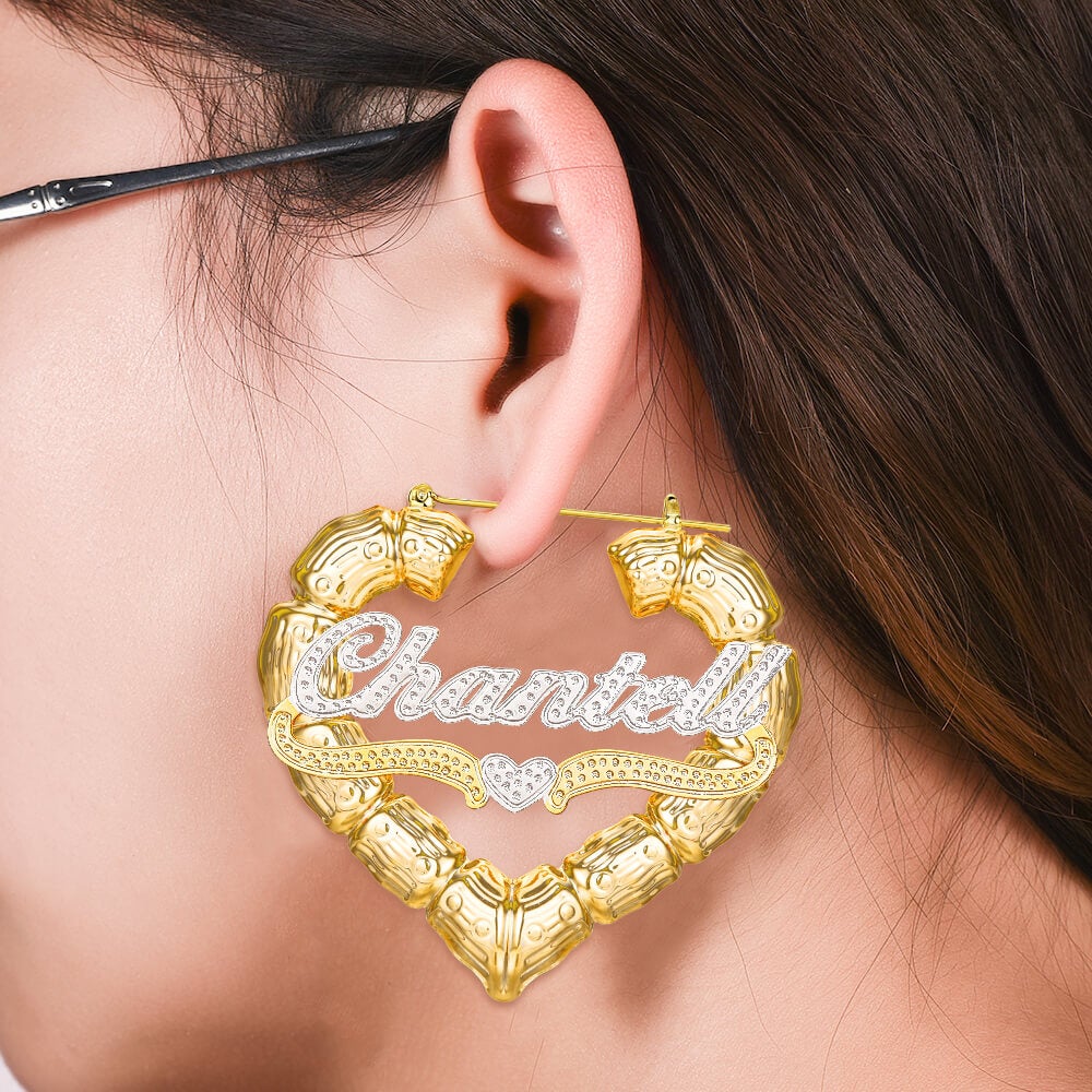 Two Tone Heart Personalized Custom Heart Shaped Bamboo Hoop Gold Plated Name Earrings-silviax