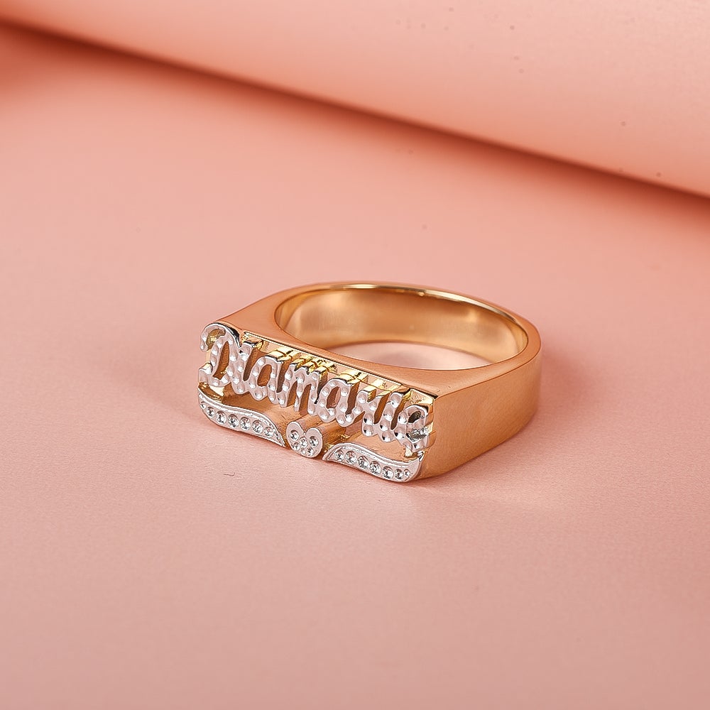 Heart Two-tone Name Ring Bracelet Earrings and Double Plate Necklace Gold Plated Custom Set-silviax