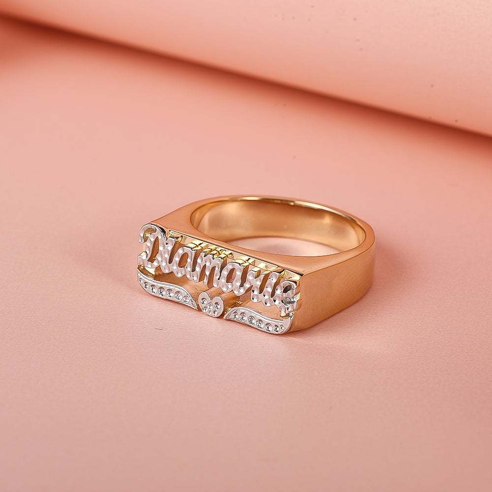 Two-tone Heart Personalized Custom Name Bracelet Ring Earrings and Double Plate Necklace Set-silviax