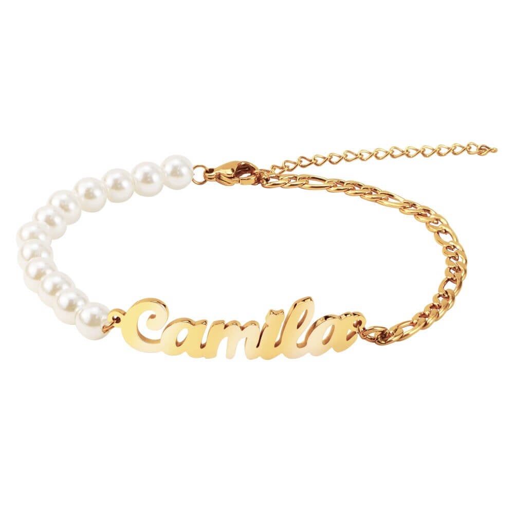 Pearl Chain And Figaro Chain Personalized Custom Gold Plated Name Bracelet-silviax