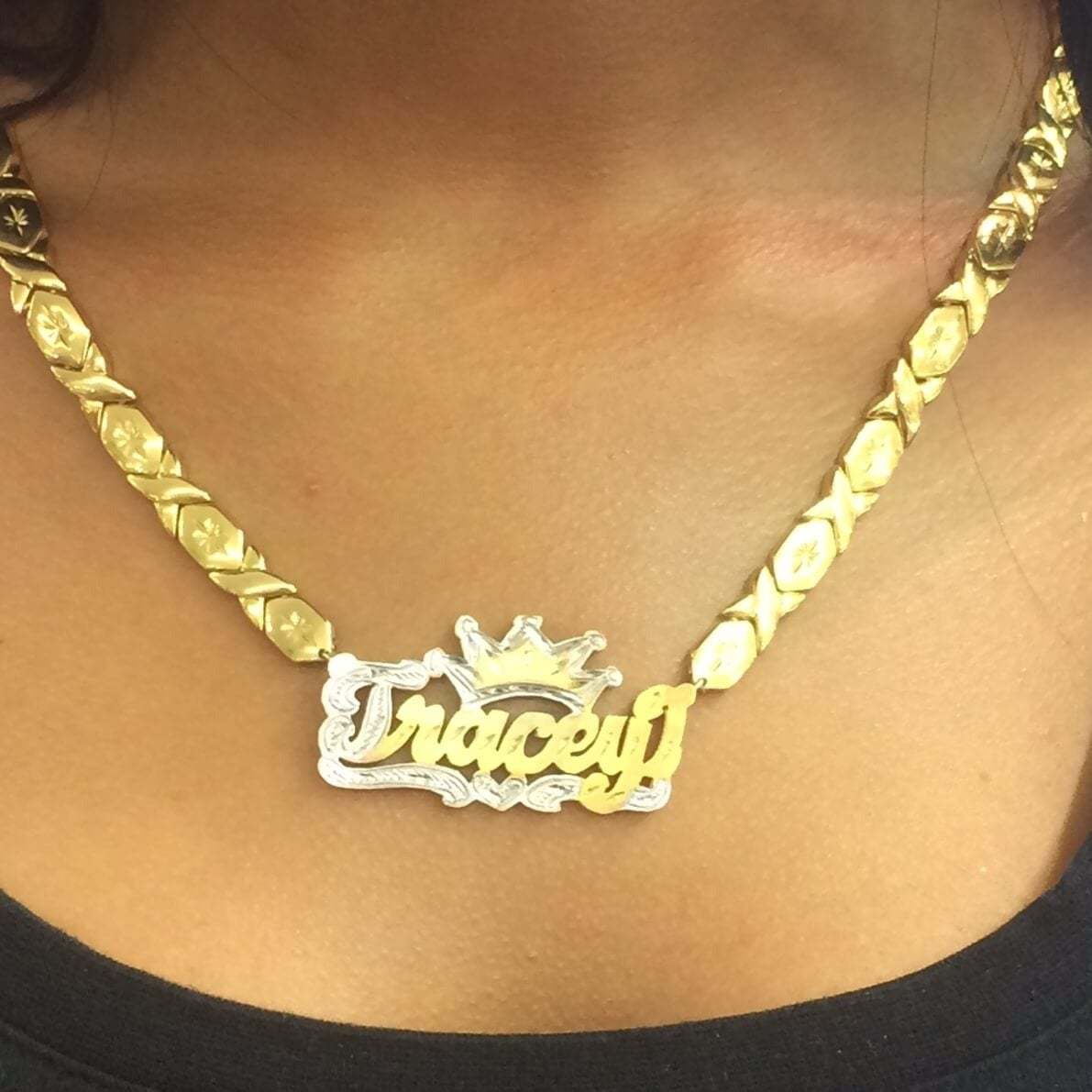 Double Layer Two Tone Crown Personalized Custom Gold Plated 3D Name Necklace with xoxo Chain-silviax